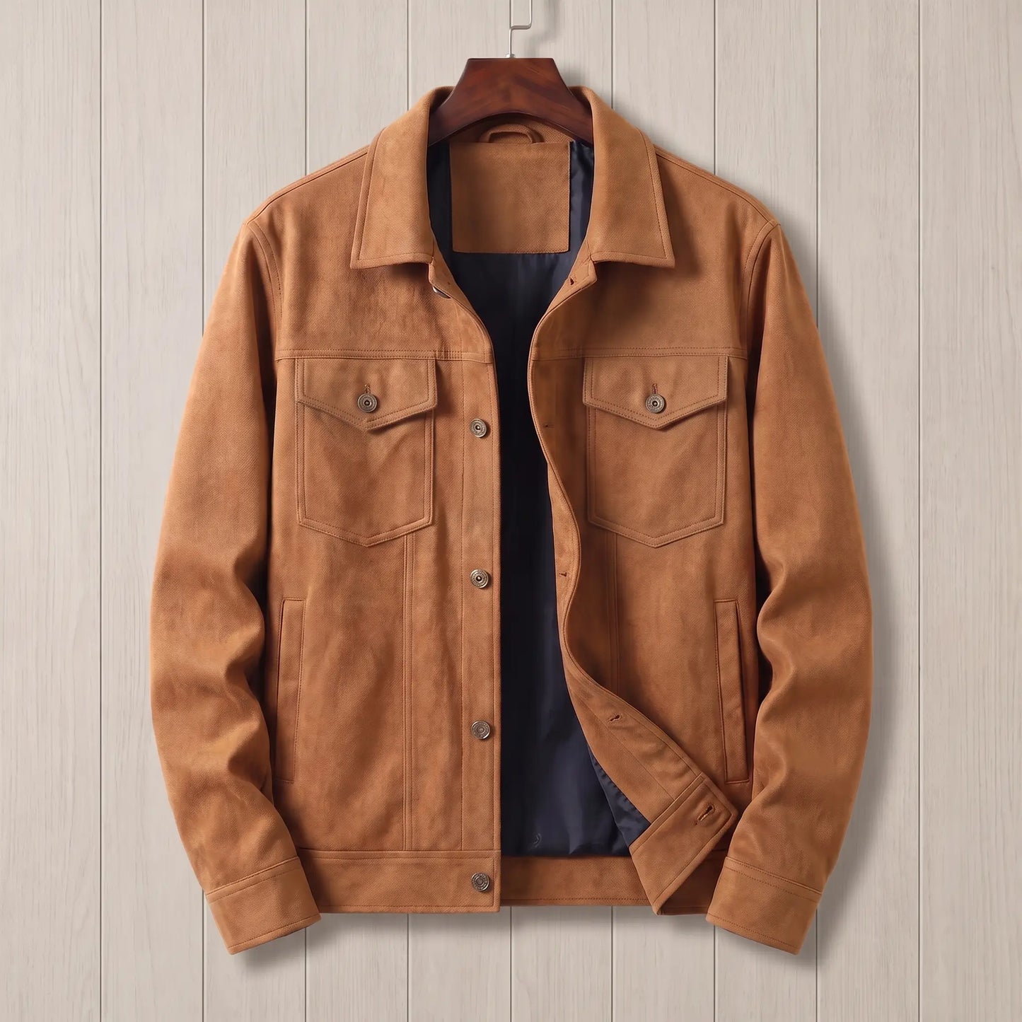 Lined trucker jacket in tan with soft brushed finish, pointed flap chest pockets and navy lining