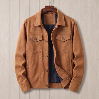 Lined trucker jacket in tan with soft brushed finish, pointed flap chest pockets and navy lining