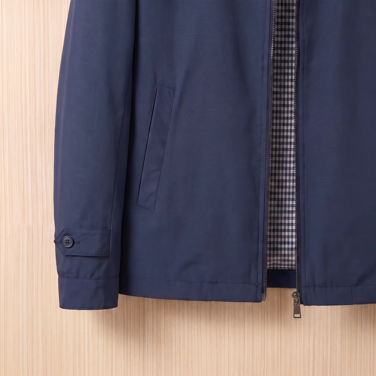 Lined Zip Jacket in Navy Blue, button cuff and side pocket detail