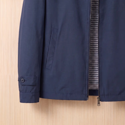 Lined Zip Jacket in Navy Blue, button cuff and side pocket detail
