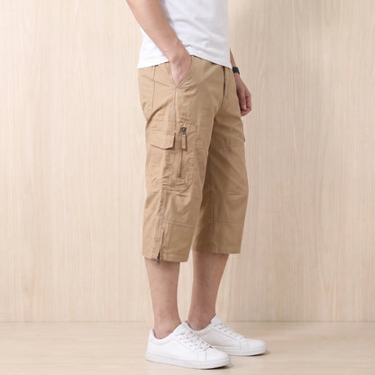 Long Cargo Shorts in Khaki worn, side view