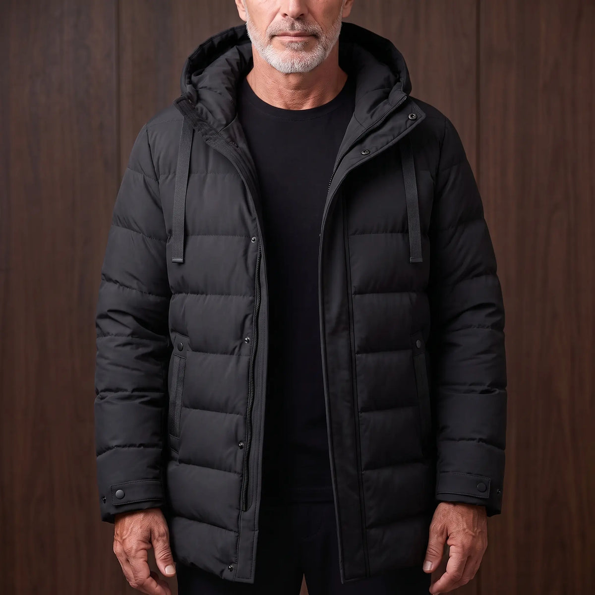 Men's black long hooded puffer coat with quilted padding, worn open over a black tee