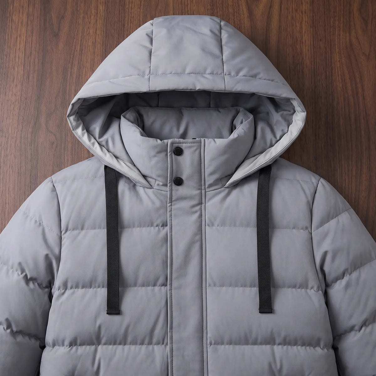 Close up of the padded hood, collar and wide drawcords on the grey long puffer coat