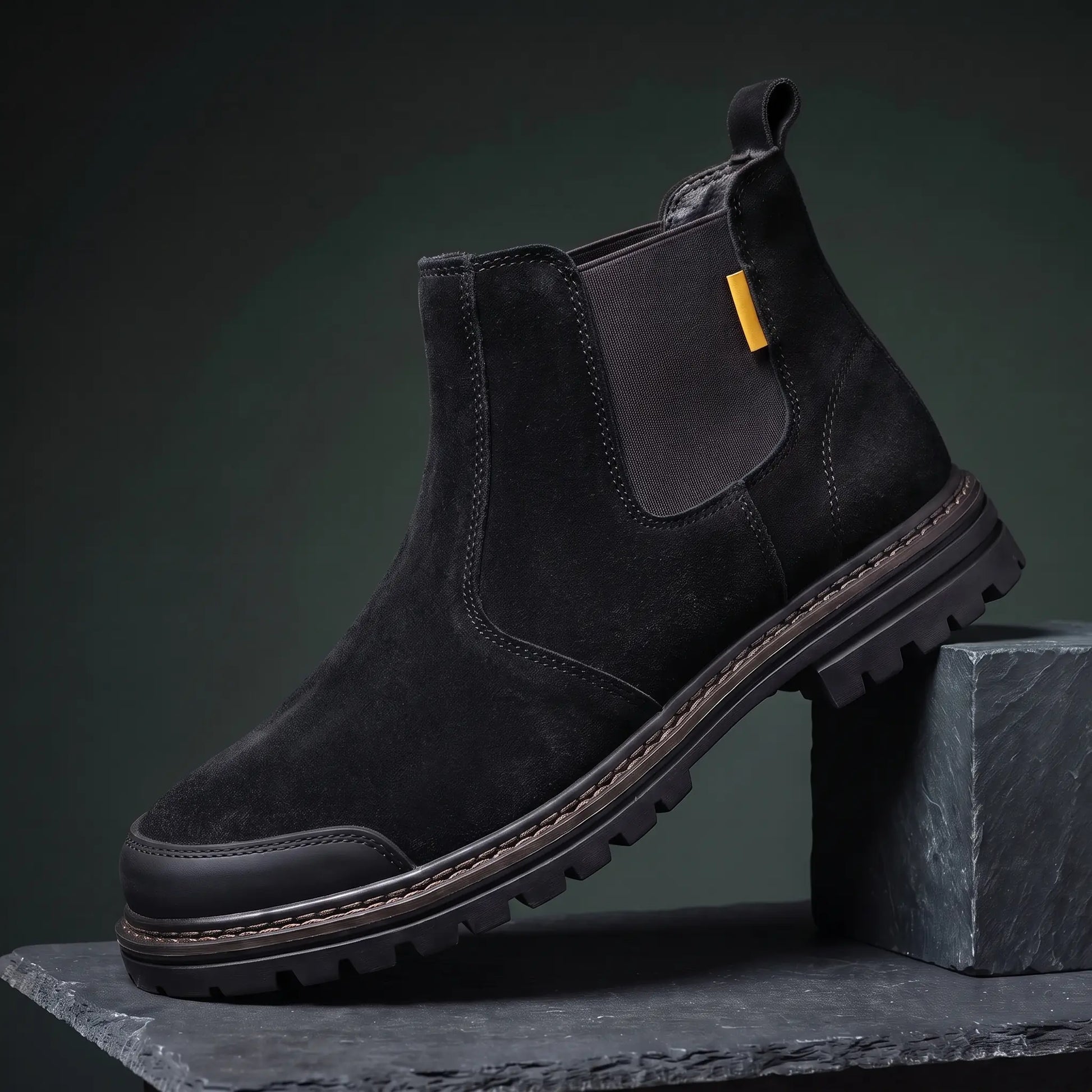 Black slip on work boot with steel toe and lugged rubber sole