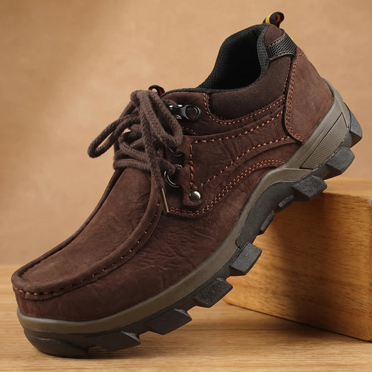 LUG SOLE SHOES in brown, men's moc-toe lace-up walking shoe with hand stitching and a chunky lug sole