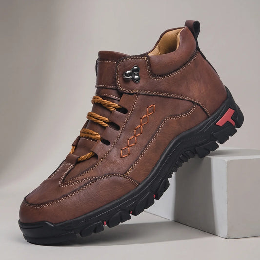 LUG TRAIL HIKERS in brown, men's mid-top lace-up hiking shoe with a lug sole and cross-stitch side detail