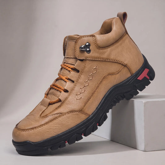 LUG TRAIL HIKERS in khaki, men's mid-top lace-up hiking shoe with a lug sole and cross-stitch side detail