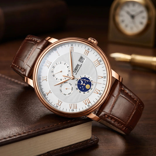 Lunar calendar watch with rose gold case, white dial and brown leather strap on a leather journal