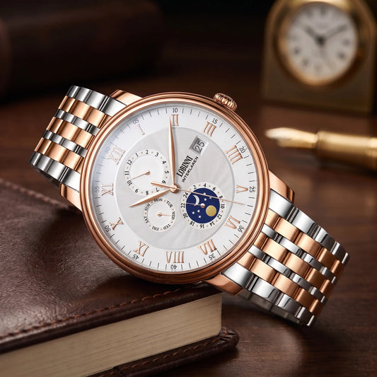 Lunar calendar watch with rose gold case, white dial and two-tone steel bracelet