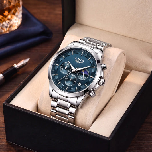 Lunar steel moon-phase watch with silver case and blue dial in an open gift box