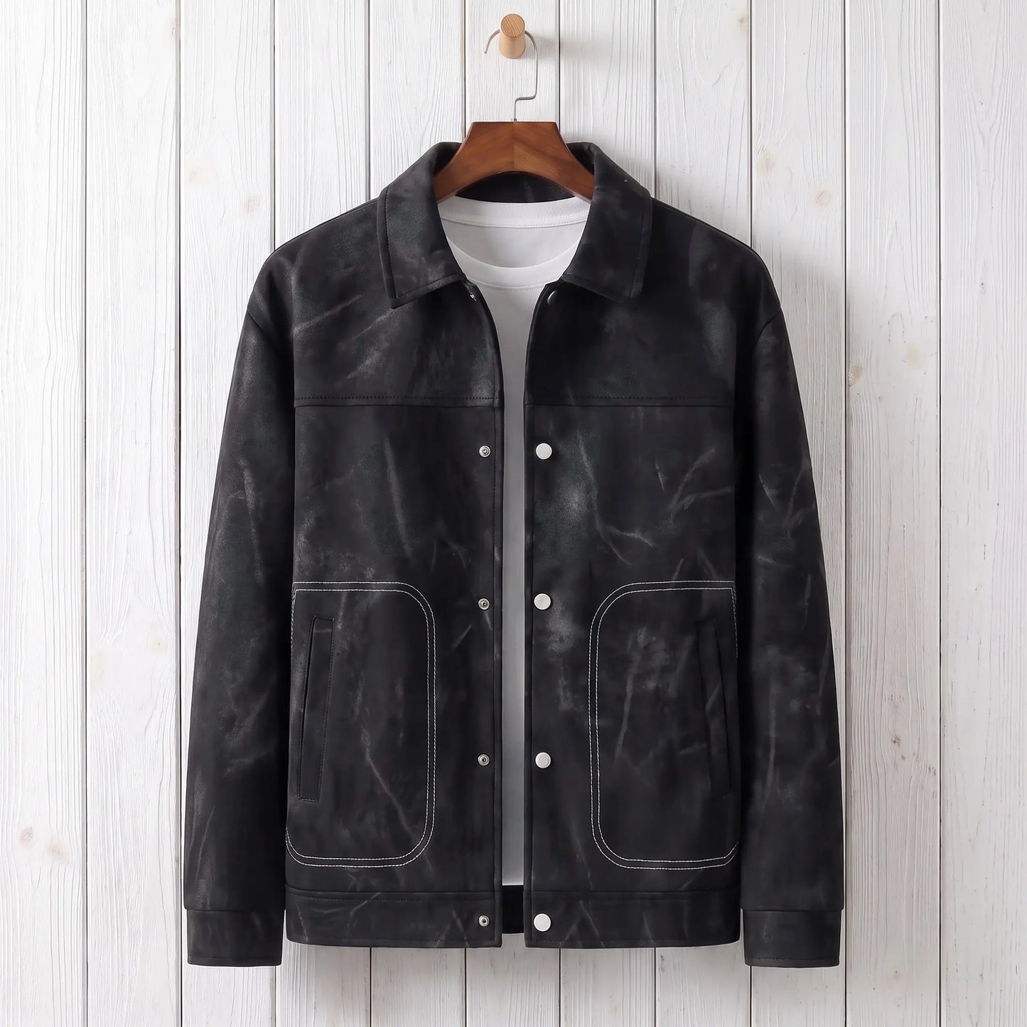 Black marbled dye trucker jacket on a wooden hanger against a whitewashed plank wall
