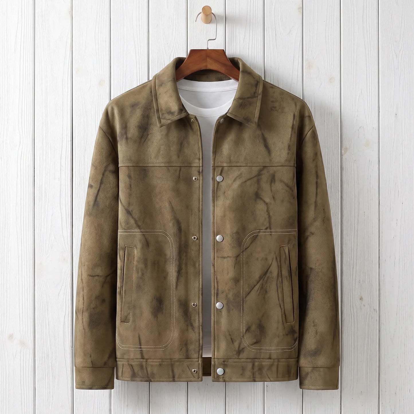 Khaki marbled dye trucker jacket on a wooden hanger against a whitewashed plank wall