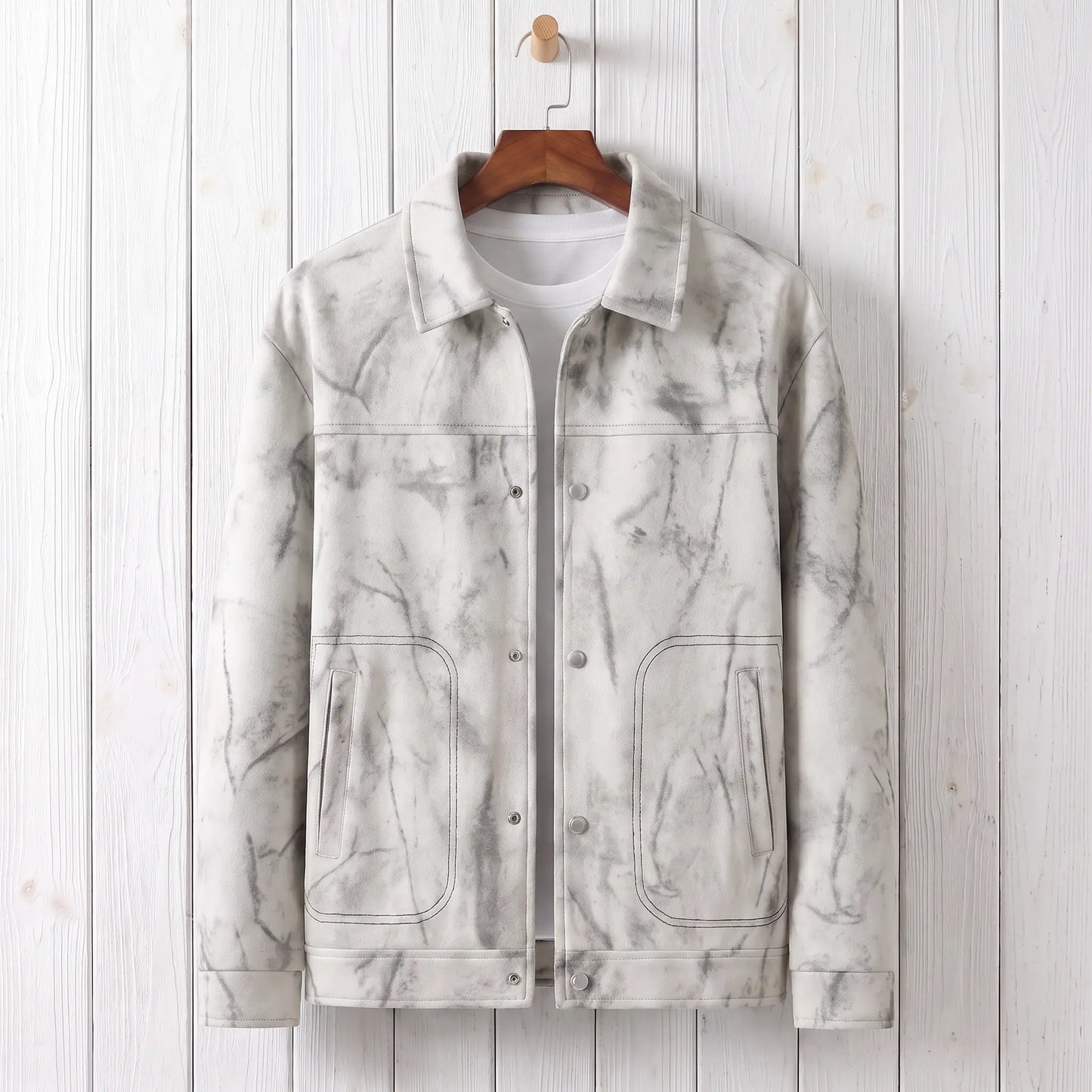 White marbled dye trucker jacket on a wooden hanger against a whitewashed plank wall