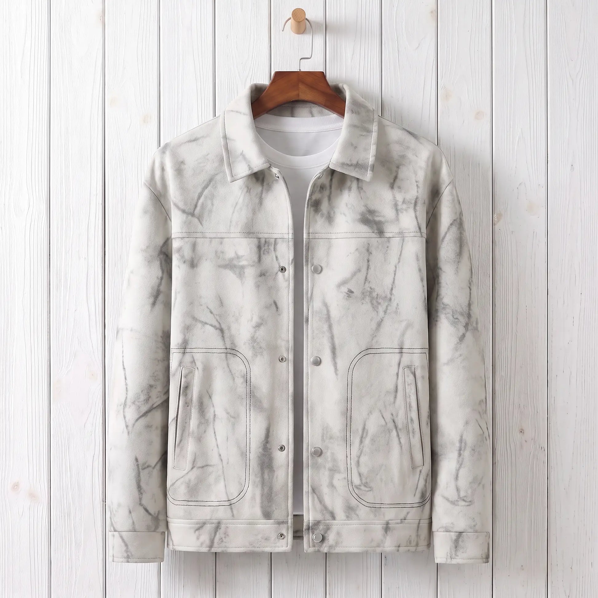 White marbled dye trucker jacket on a wooden hanger against a whitewashed plank wall
