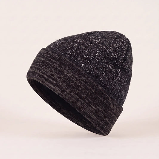 Men's black marled cuffed beanie with flecked knit and grey striped cuff