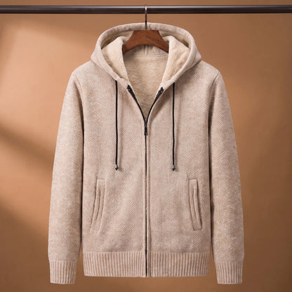 Marled knit hoodie in beige with fleece-lined hood on a wooden hanger