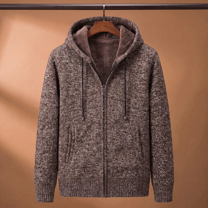 Marled knit hoodie in brown with fleece-lined hood on a wooden hanger