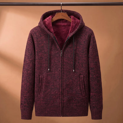 Marled knit hoodie in red with fleece-lined hood on a wooden hanger