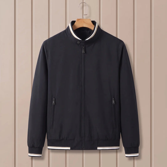Marlowe tipped stand-collar zip jacket in black on a wooden hanger