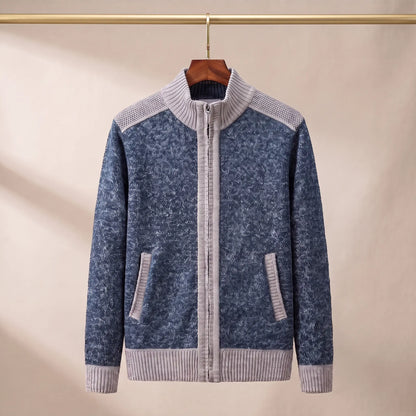MARL ZIP CARDIGAN in blue grey, men's marled knit zip cardigan with contrast rib collar and trims