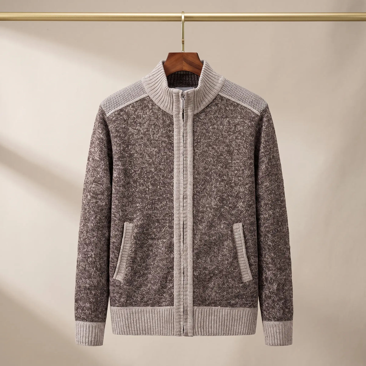 MARL ZIP CARDIGAN in coffee, men's marled knit zip cardigan with contrast rib collar and trims