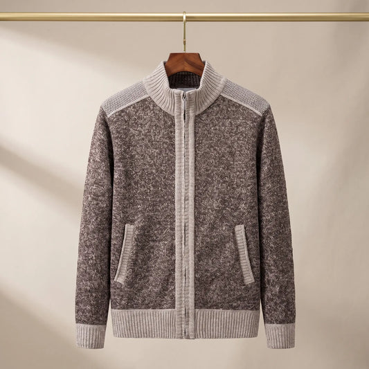 MARL ZIP CARDIGAN in coffee, men's marled knit zip cardigan with contrast rib collar and trims