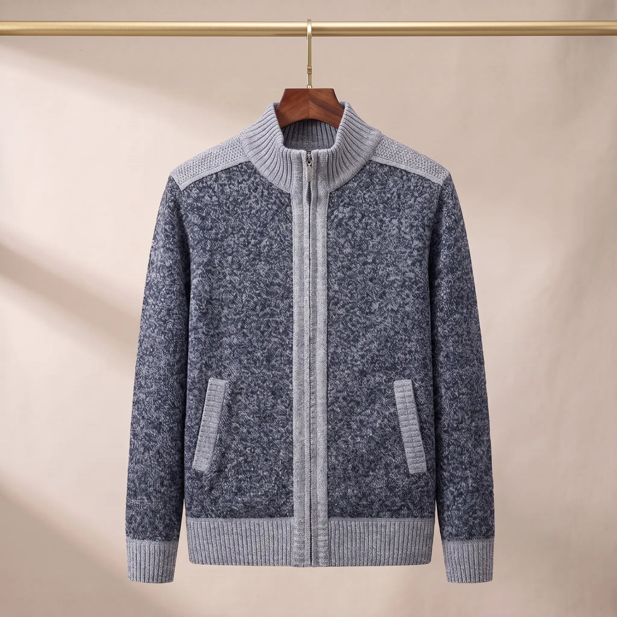 MARL ZIP CARDIGAN in dark grey, men's marled knit zip cardigan with contrast rib collar and trims