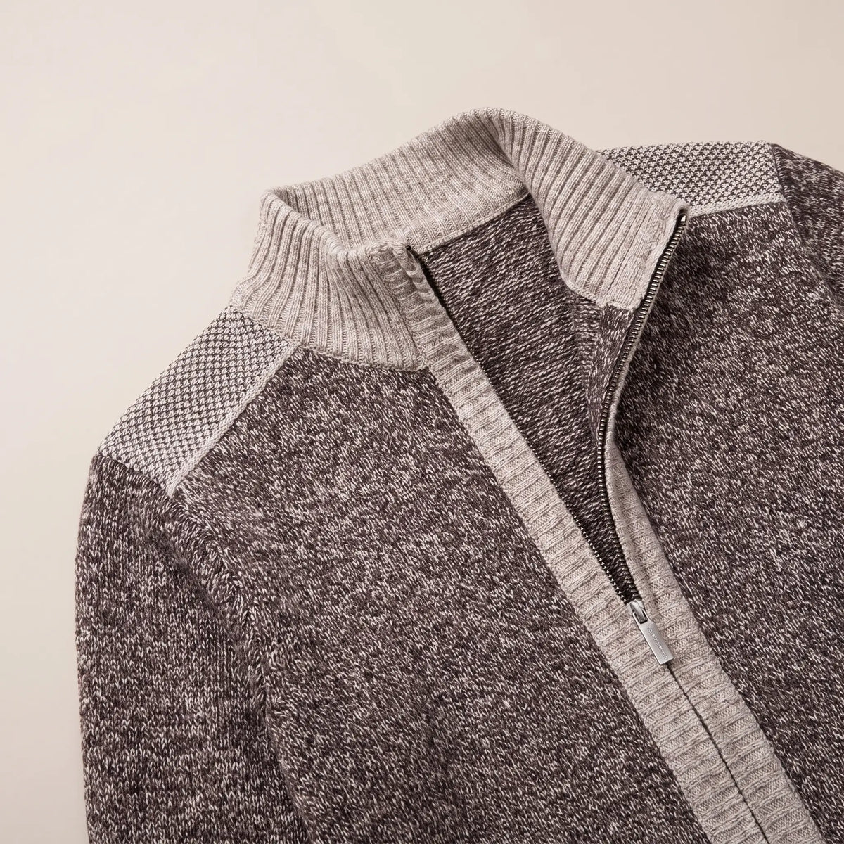 MARL ZIP CARDIGAN close-up of the rib stand collar and textured shoulder, coffee