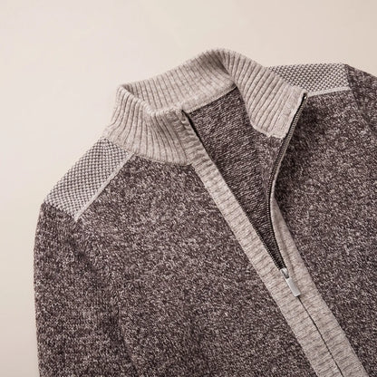 MARL ZIP CARDIGAN close-up of the rib stand collar and textured shoulder, coffee
