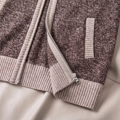MARL ZIP CARDIGAN close-up of the rib hem, zip and pocket, coffee