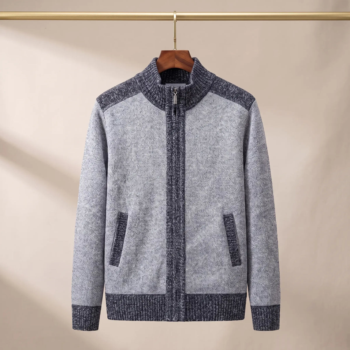 MARL ZIP CARDIGAN in light grey, men's knit zip cardigan with dark contrast rib collar and trims