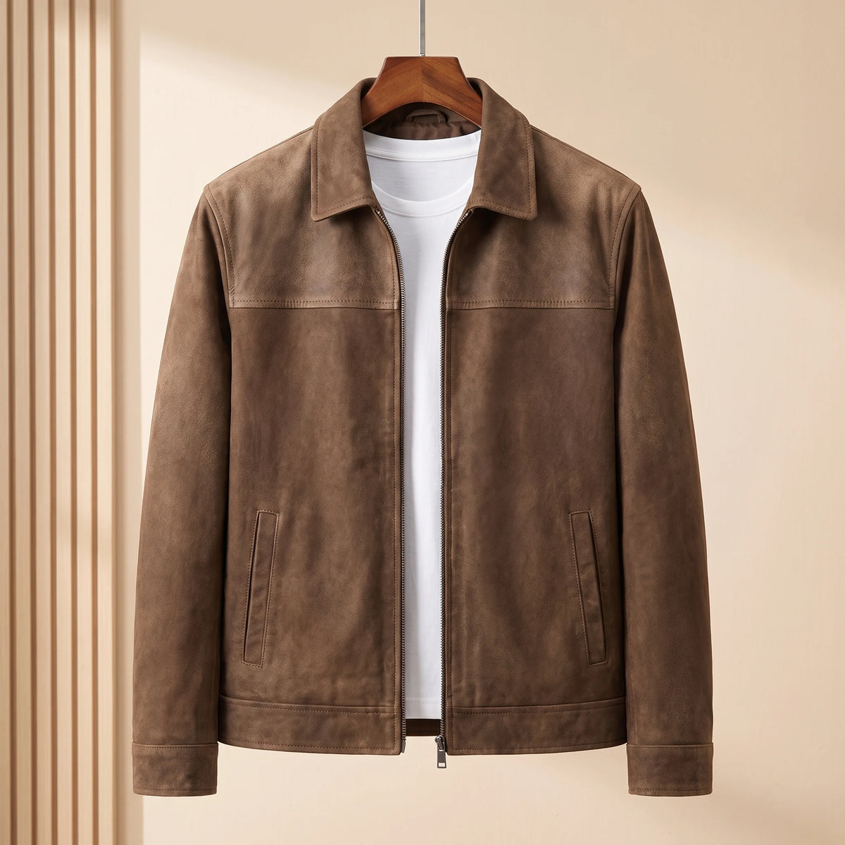 Brown matte finish zip front jacket with shirt collar on a wooden hanger