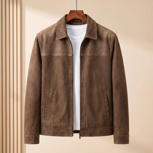 Brown matte finish zip front jacket with shirt collar on a wooden hanger