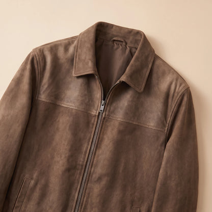 Close up of the shirt collar and metal zip on the matte finish jacket