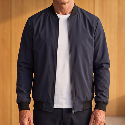 MATTE SHELL BOMBER in black, men's lightweight zip bomber windbreaker with black ribbed collar, cuffs and hem