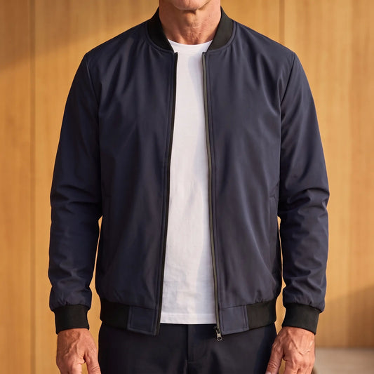 MATTE SHELL BOMBER in black, men's lightweight zip bomber windbreaker with black ribbed collar, cuffs and hem