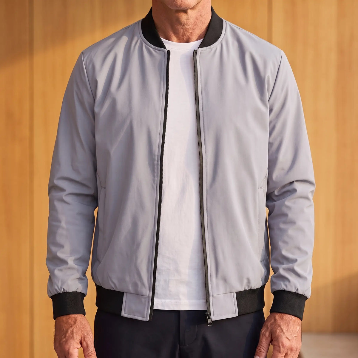 MATTE SHELL BOMBER in grey, men's lightweight zip bomber windbreaker with black ribbed collar, cuffs and hem