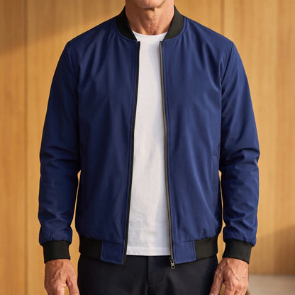 MATTE SHELL BOMBER in navy, men's lightweight zip bomber windbreaker with black ribbed collar, cuffs and hem