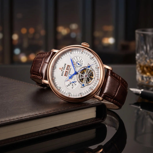 Mayfair automatic watch in rose gold with white dial and brown leather strap
