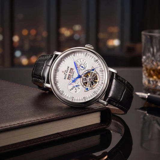 Mayfair automatic watch in silver with white dial and black leather strap