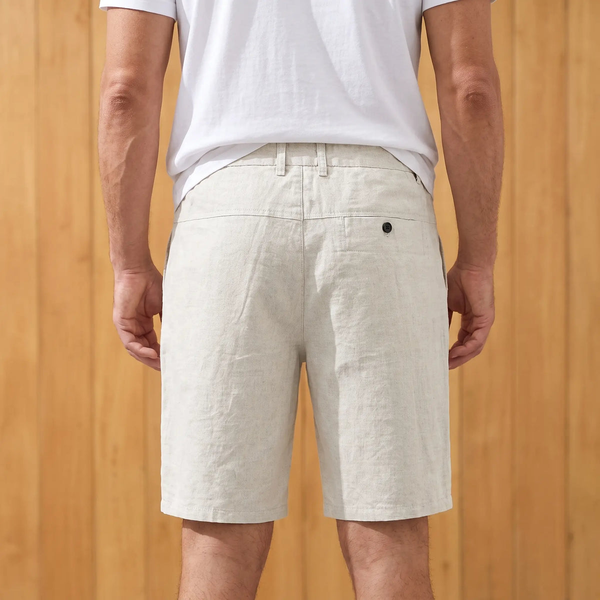 Natural Linen Shorts worn, back view