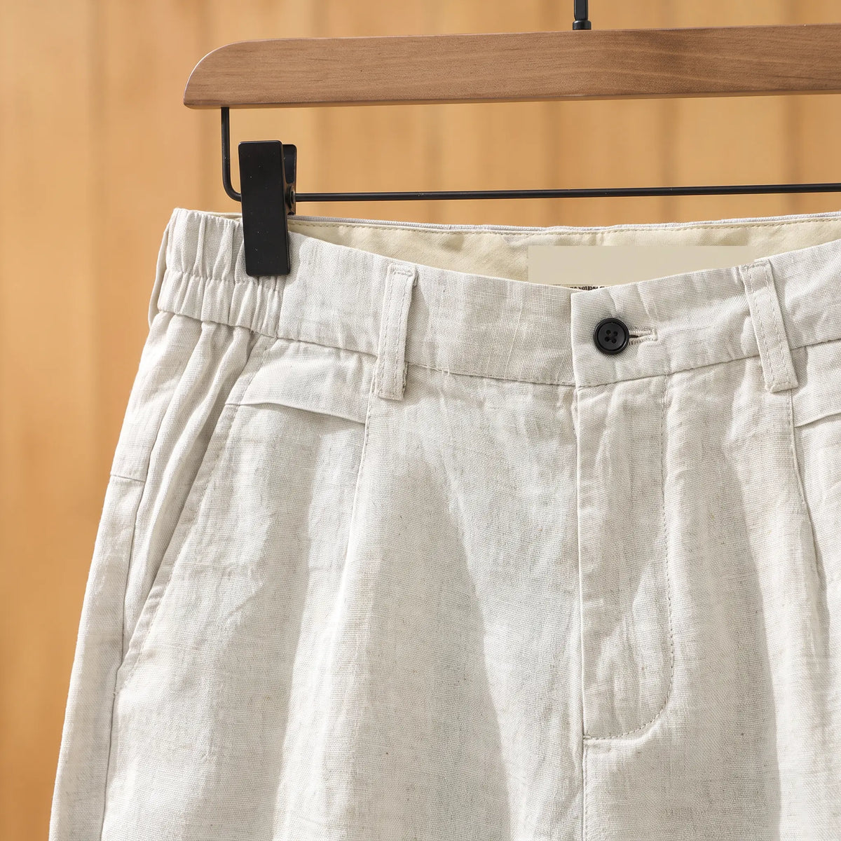 Natural Linen Shorts waistband with button and zip fly
