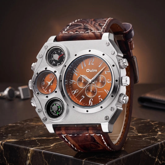 Navigator compass watch with brown dial and brown leather strap