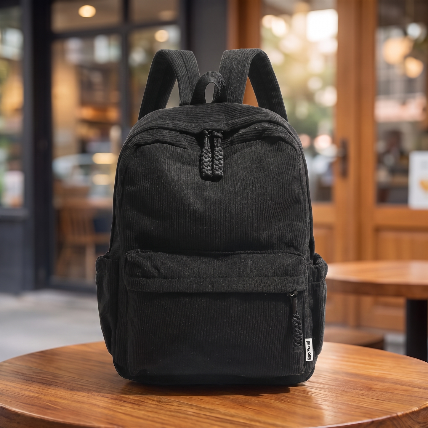 Neutral Corduroy Backpack in black on a cafe table