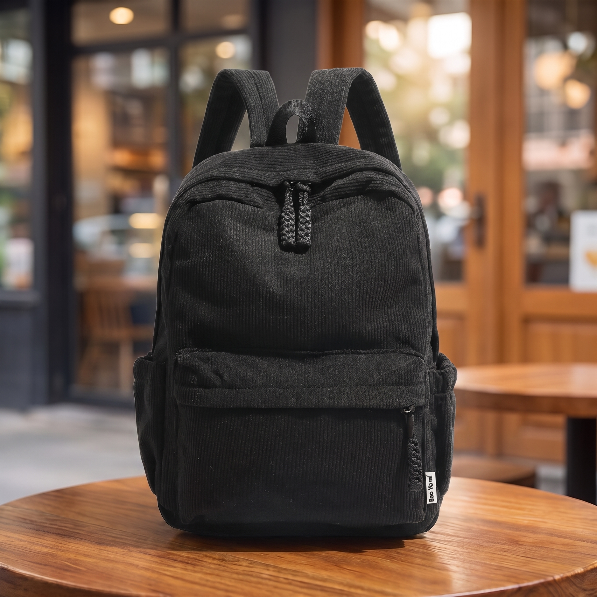 Neutral Corduroy Backpack in black on a cafe table