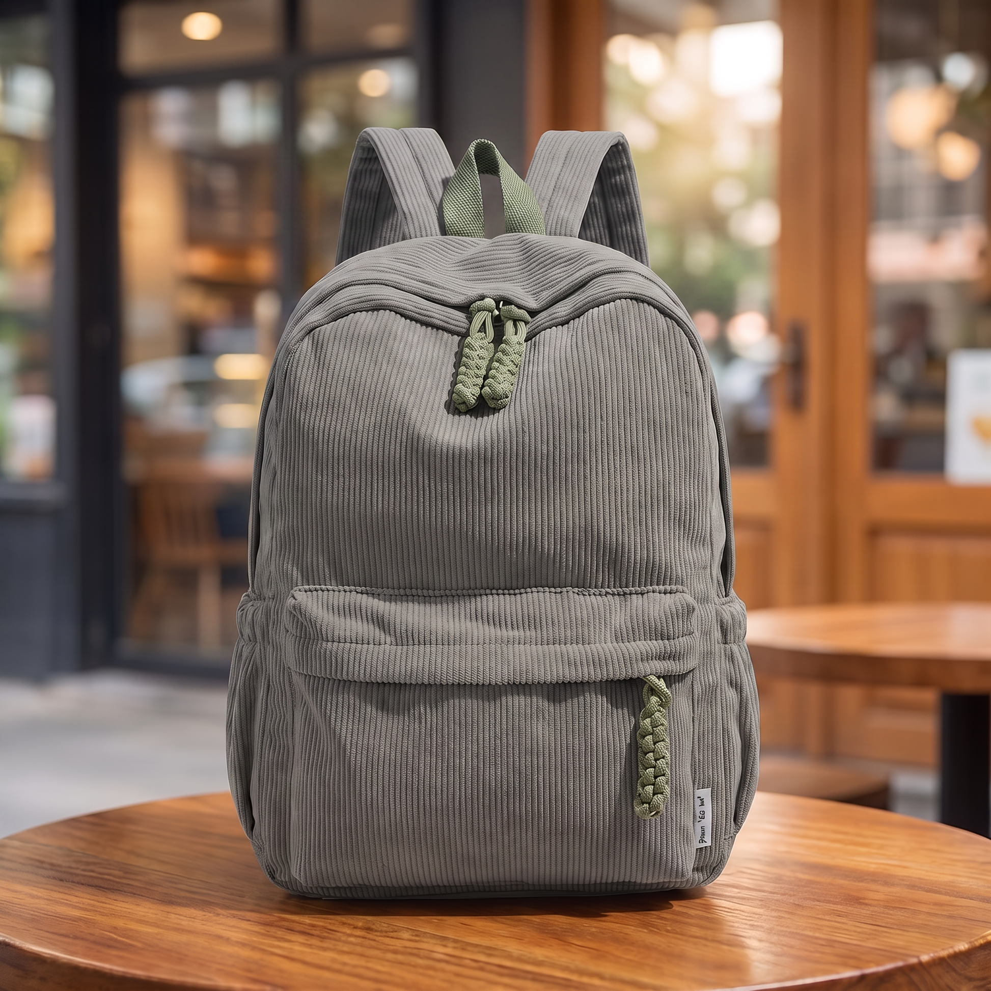 Neutral Corduroy Backpack in gray on a cafe table