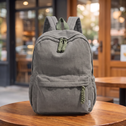 Neutral Corduroy Backpack in gray on a cafe table