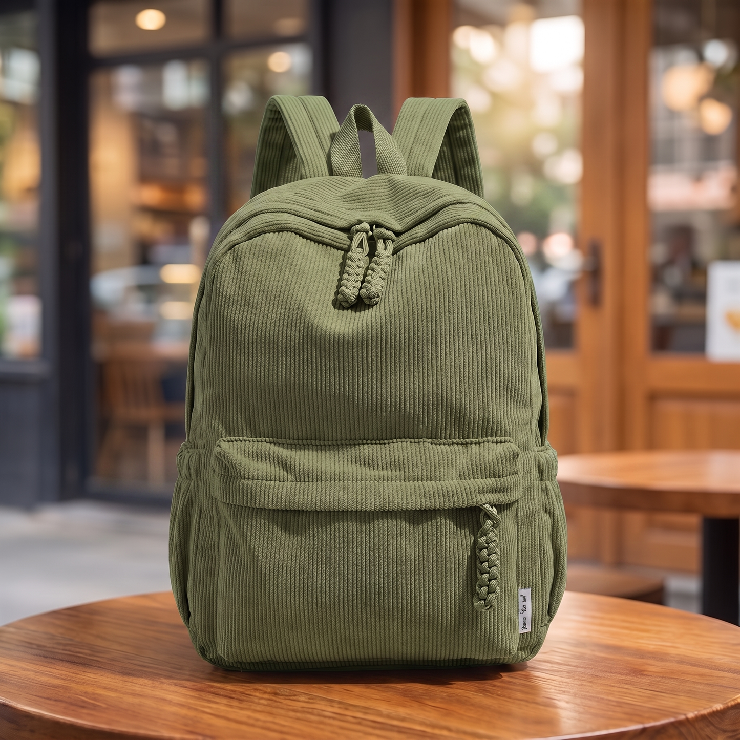 Neutral Corduroy Backpack in green on a cafe table