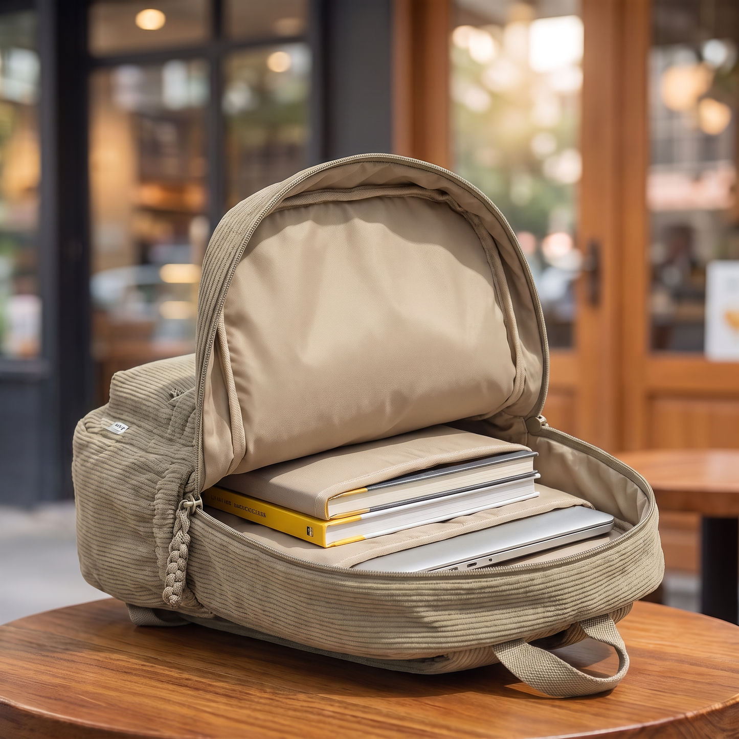 Neutral Corduroy Backpack open interior with books and a laptop