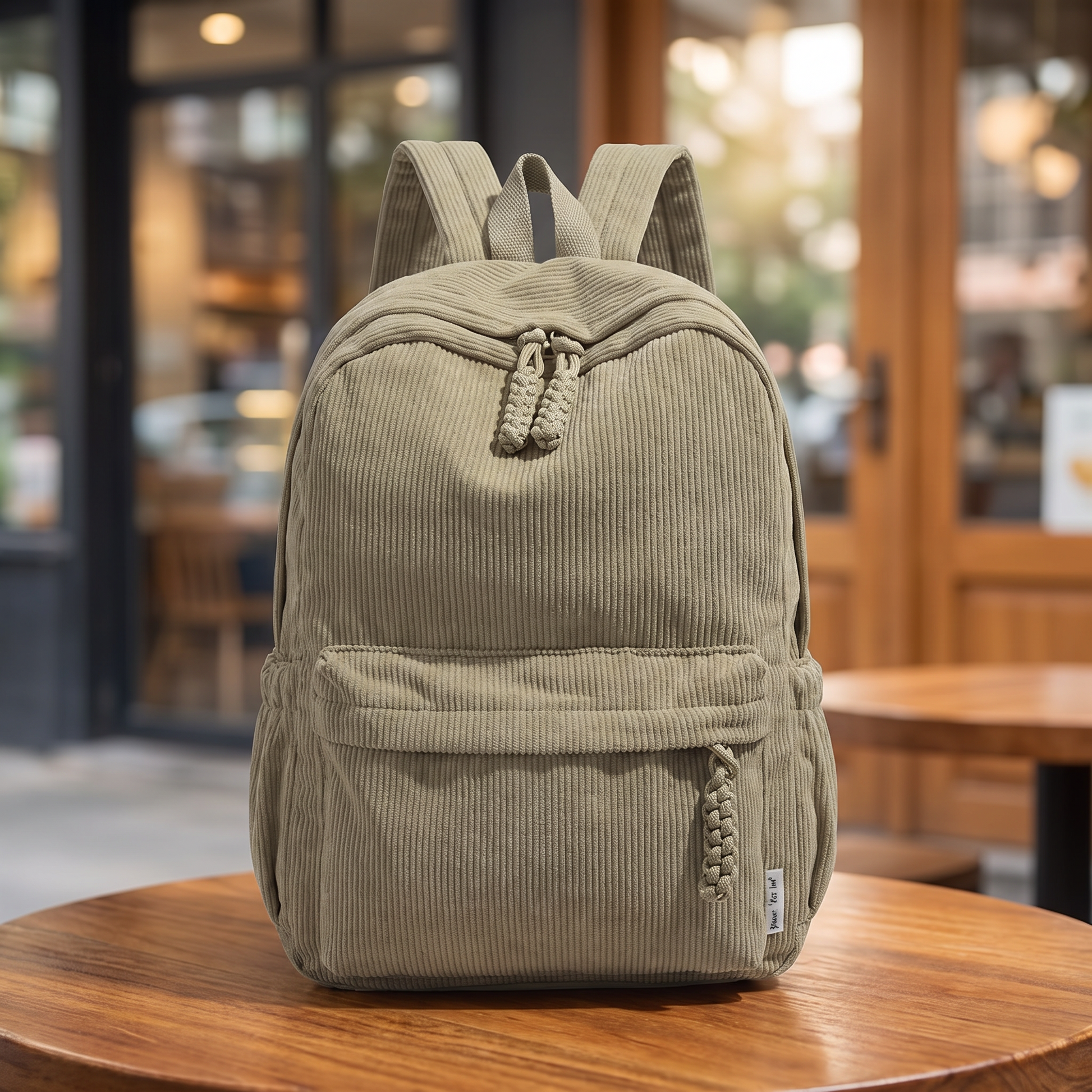 Neutral Corduroy Backpack in khaki on a cafe table
